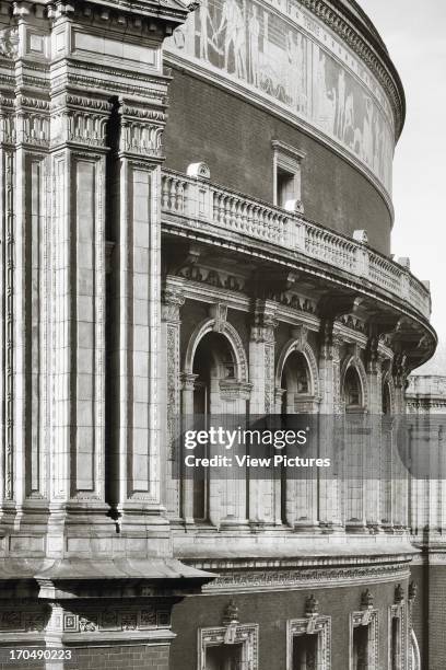 Elevated oblique view with column, arches and mosaic frieze, Royal Albert Hall, Concert Hall, Europe, United Kingdom Captain Francis Fowke and...