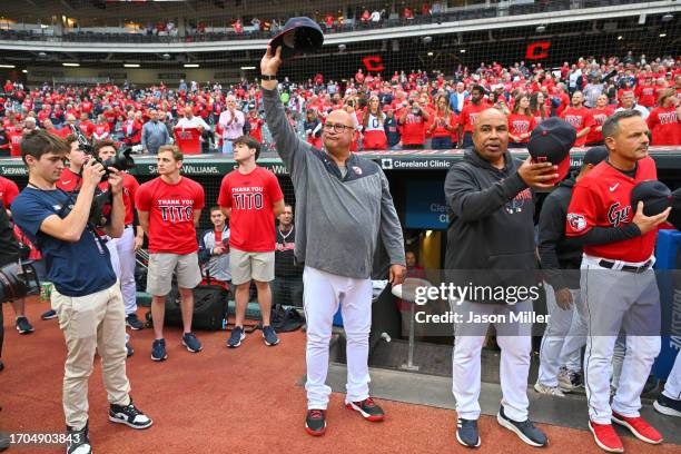 Manager Terry Francona of the Cleveland Guardians waves to the fans prior to the game against the Cincinnati Reds at Progressive Field on September...