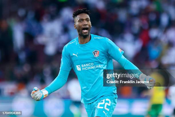 Alexander Dominguez of Liga de Quito celebrates the team's second goal scored by teammate Paolo Guerrero during a Copa CONMEBOL Sudamericana 2023...