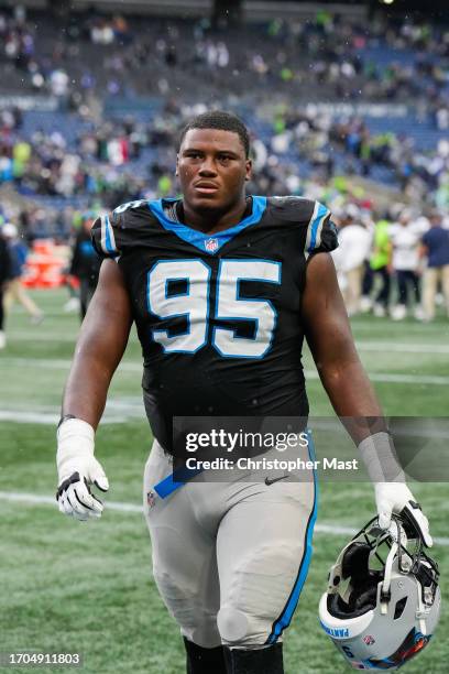 Derrick Brown of the Carolina Panthers walks off the field after a game against the Seattle Seahawks at Lumen Field on September 24, 2023 in Seattle,...