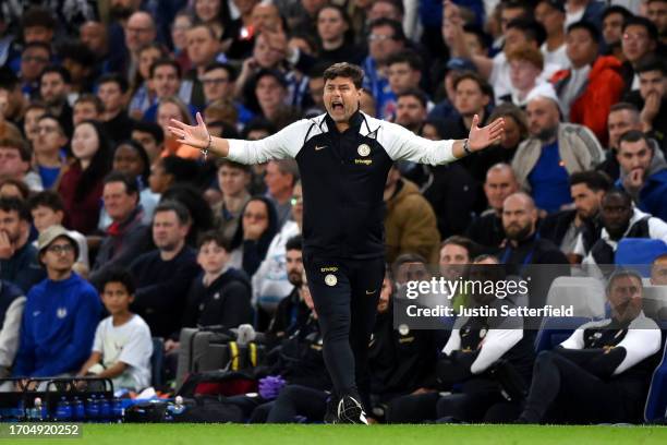 Mauricio Pochettino, Manager of Chelsea reacts during the Carabao Cup Third Round match between Chelsea and Brighton & Hove Albion at Stamford Bridge...