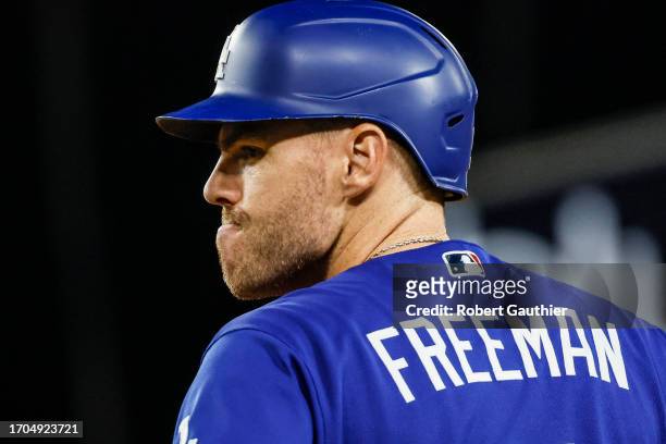 Los Angeles, CA, Monday, September 18, 2023 - Dodgers first baseman Freddie Freeman on base after hitting a single during a game against the Detroit...