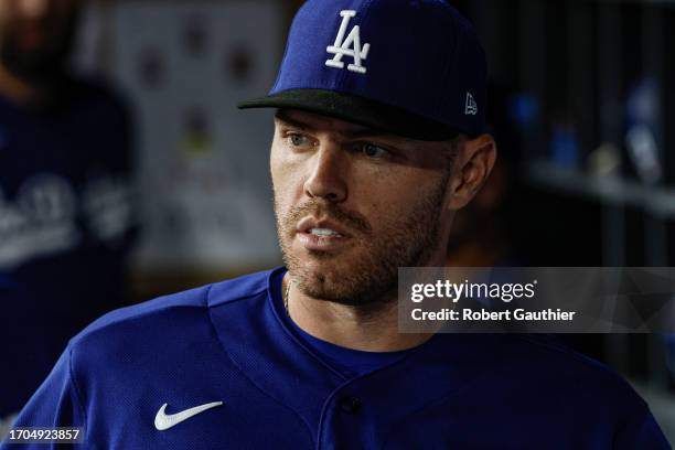 Los Angeles, CA, Monday, September 18, 2023 - Dodgers first baseman Freddie Freeman in the dugout during a game against the Detroit Tigers at Dodger...