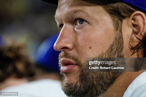 Los Angeles, CA, Monday, September 18, 2023 - Dodgers pitcher Clayton Kershaw on the bench during a game against the Detroit Tigers at Dodger Stadium.