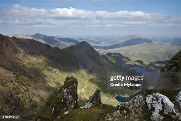 View to Crib Goch and the Pyg Track with Llyn Glaslyn and Llyn Llydaw from Snowdon summit, Gwynedd, Wales, United Kingdom.