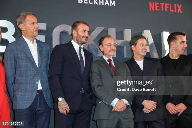 John Battsek, David Beckham, Fisher Stevens, Dave Gardner and Gary Neville attend the UK Premiere of "Beckham" at The Curzon Mayfair on October 3,...