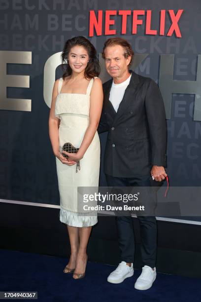 Damien Mould and guest attend the UK Premiere of "Beckham" at The Curzon Mayfair on October 3, 2023 in London, England.