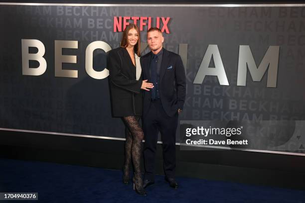 Lorena Rae and CJ Jones attend the UK Premiere of "Beckham" at The Curzon Mayfair on October 3, 2023 in London, England.