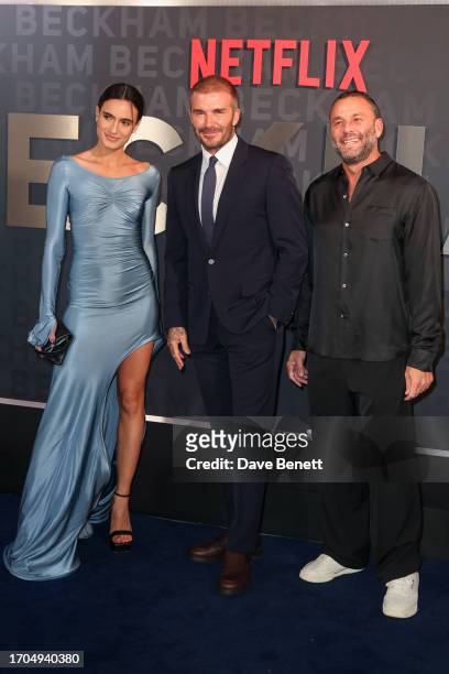 Isabela Grutman, David Beckham and guest attend the UK Premiere of "Beckham" at The Curzon Mayfair on October 3, 2023 in London, England.