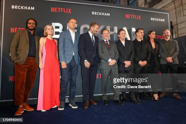 John Battsek, David Beckham, Fisher Stevens, Dave Gardner, Gary Neville, Nicola Howson and Michael Harte attend the UK Premiere of "Beckham" at The...