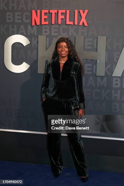 Eniola Aluko attends the UK Premiere of "Beckham" at The Curzon Mayfair on October 3, 2023 in London, England.