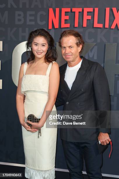 Damien Mould and guest attend the UK Premiere of "Beckham" at The Curzon Mayfair on October 3, 2023 in London, England.