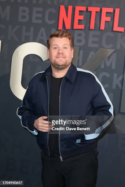 James Corden attends the UK Premiere of "Beckham" at The Curzon Mayfair on October 3, 2023 in London, England.