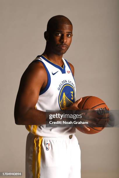 Chris Paul of the Golden State Warriors poses for a portrait during NBA Media Day on October 2, 2023 at Chase Center in San Francisco, California....