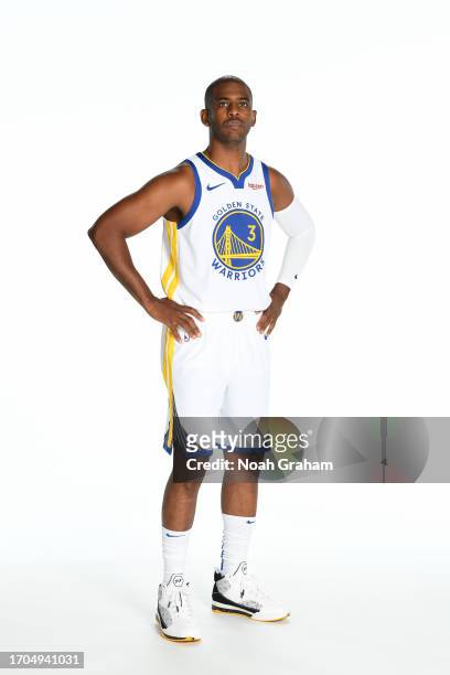 Chris Paul of the Golden State Warriors poses for a portrait during NBA Media Day on October 2, 2023 at Chase Center in San Francisco, California....