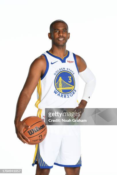 Chris Paul of the Golden State Warriors poses for a portrait during NBA Media Day on October 2, 2023 at Chase Center in San Francisco, California....
