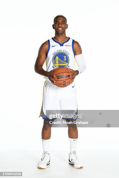 Chris Paul of the Golden State Warriors poses for a portrait during NBA Media Day on October 2, 2023 at Chase Center in San Francisco, California....