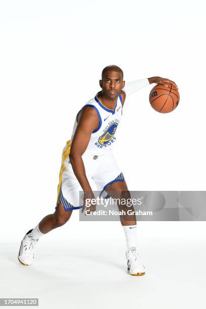 Chris Paul of the Golden State Warriors poses for a portrait during NBA Media Day on October 2, 2023 at Chase Center in San Francisco, California....