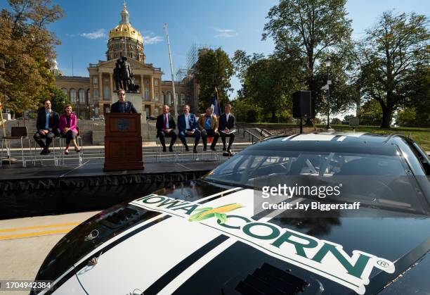 Brad Keselowski, driver of the Kohler Power Reserve Ford speaks at a NASCAR press conference at the Iowa State Capitol on October 3, 2023 in Des...