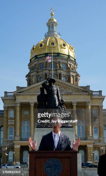 Moderator Matt Humphrey, NASCAR Communications, speaks at a NASCAR press conference at the Iowa State Capitol on October 3, 2023 in Des Moines, Iowa....