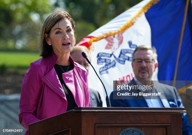 Iowa Governor, Kim Reynolds speaks at a NASCAR press conference at the Iowa State Capitol on October 3, 2023 in Des Moines, Iowa. NASCAR announced...