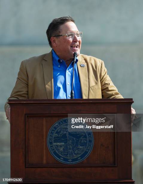 Iowa State Representative, Jon Dunwell of Newton, speaks at a NASCAR press conference at the Iowa State Capitol on October 3, 2023 in Des Moines,...
