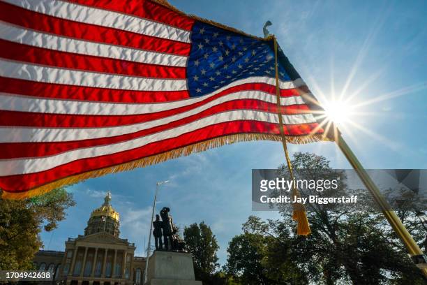 General view of an American flag outside of the Iowa State Capitol prior to a NASCAR press conference on October 3, 2023 in Des Moines, Iowa. NASCAR...