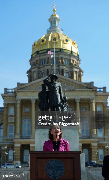 Iowa Governor, Kim Reynolds speaks at a NASCAR press conference at the Iowa State Capitol on October 3, 2023 in Des Moines, Iowa. NASCAR announced...