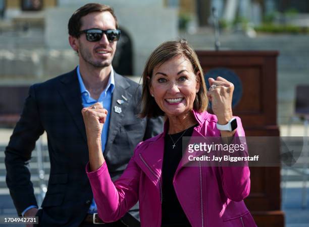 Iowa Governor, Kim Reynolds reacts after a NASCAR press conference at the Iowa State Capitol on October 3, 2023 in Des Moines, Iowa. NASCAR announced...