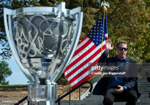 Brad Keselowski, driver of the Kohler Power Reserve Ford waves to the crowd at a NASCAR press conference at the Iowa State Capitol on October 3, 2023...