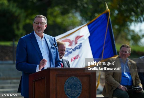 Craig Floss, CEO, Iowa Corn Growers Association speaks at a NASCAR press conference at the Iowa State Capitol on October 3, 2023 in Des Moines, Iowa....