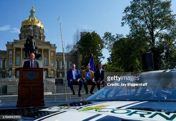 Rusty Wallace, NASCAR Hall of Famer speaks at a NASCAR press conference at the Iowa State Capitol on October 3, 2023 in Des Moines, Iowa. NASCAR...