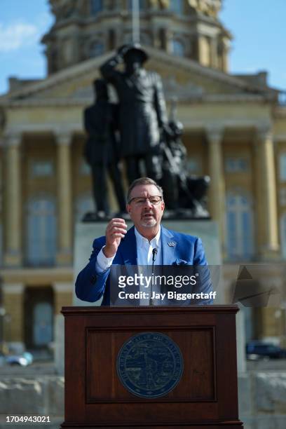 Craig Floss, CEO, Iowa Corn Growers Association speaks at a NASCAR press conference at the Iowa State Capitol on October 3, 2023 in Des Moines, Iowa....