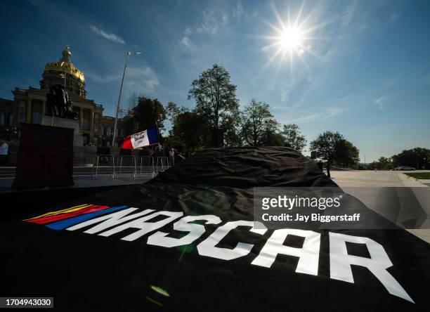 General view of NASCAR logo on a covered racecar prior to a NASCAR press conference at the Iowa State Capitol on October 3, 2023 in Des Moines, Iowa....