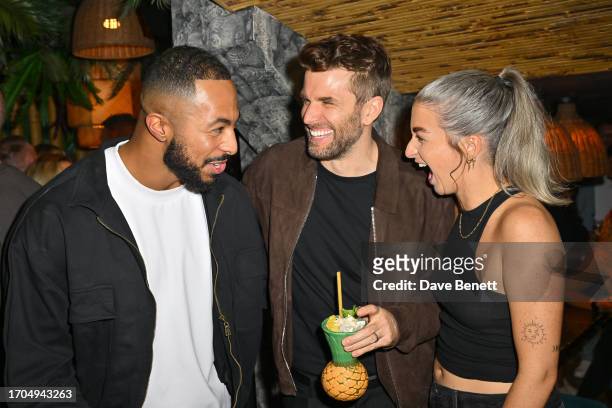 Tyler West, Joel Dommett and Harriet Rose attend the press launch for BBC's "Survivor" at Laki Kane Bar on October 3, 2023 in London, England.