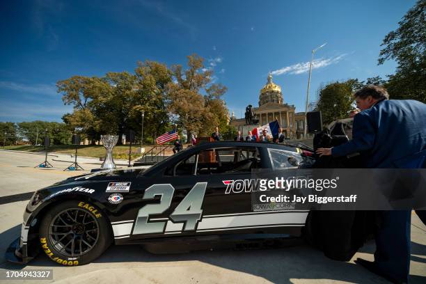 An Iowa Speedway themed racecar is unveiled at a NASCAR press conference at the Iowa State Capitol on October 3, 2023 in Des Moines, Iowa. NASCAR...