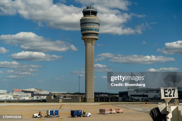 The air traffic control tower at Hartsfield-Jackson Atlanta International Airport in Atlanta, Georgia, US, on Monday, Oct. 2, 2023. The FAA's...