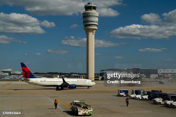 The air traffic control tower at Hartsfield-Jackson Atlanta International Airport in Atlanta, Georgia, US, on Monday, Oct. 2, 2023. The FAA's...