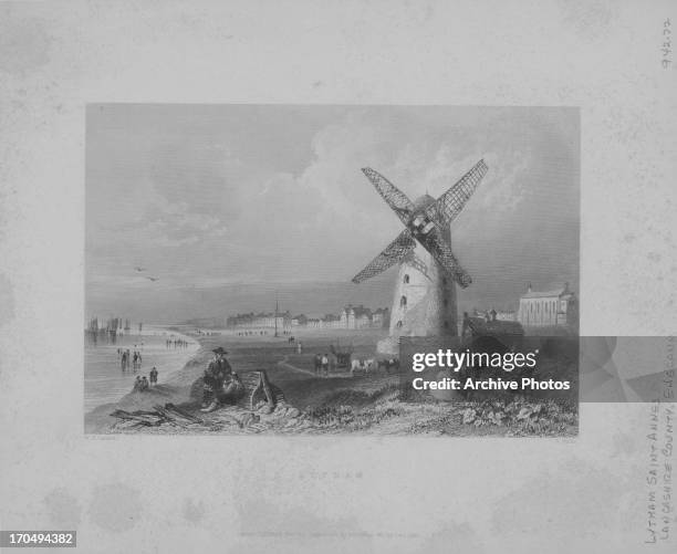 Engraving of a view of Lytham St. Annes, a seaside town in Lancashire, Lytham Windmill can be seen in the foreground.