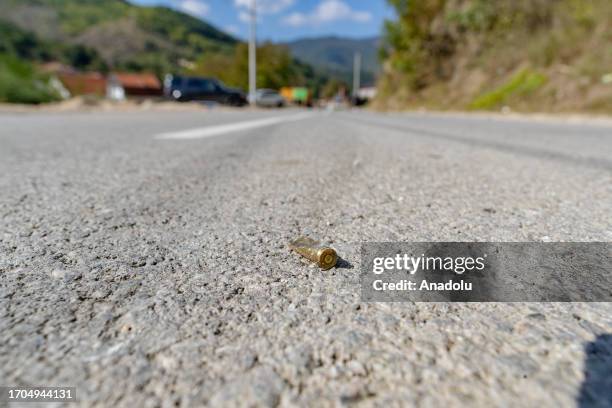 View of bullet shell on the entry road to the Bansjka village in Zvecan, Kosovo on October 3, 2023.