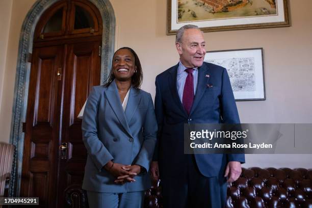 Senator-Delegate Laphonza Butler meets with Senate Majority Leader Chuck Schumer in his office on Capitol Hill on October 3, 2023 in Washington, DC....