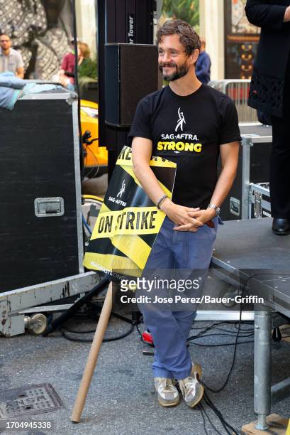 Hugh Dancy is seen on the SAG-AFTRA picket line on October 03, 2023 in New York City.