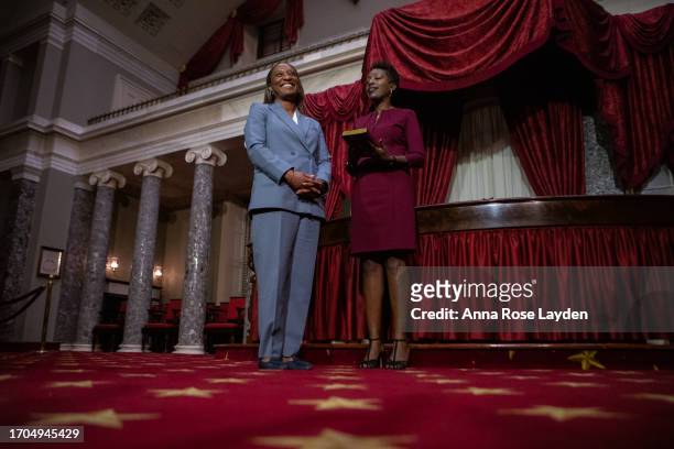 Senator-Delegate Laphonza Butler smiles with her wife, Neneki Lee as she waits for Vice President Kamala Harris to arrive at the Old Senate Chamber...