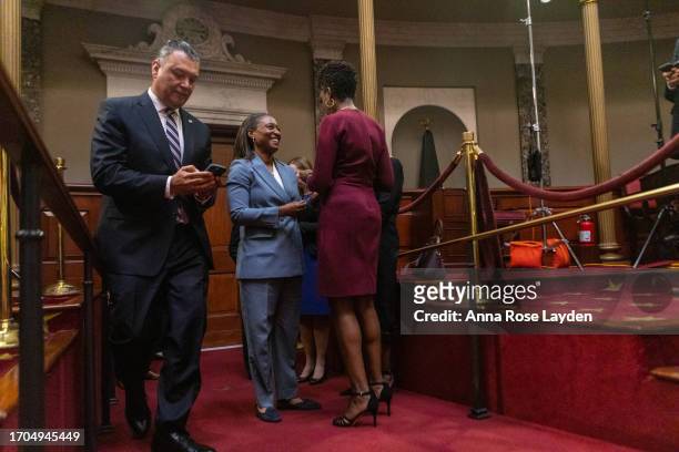 Senator-Delegate Laphonza Butler smiles at her wife Neneki Lee as Senator Alex Padilla enters the Old Senate Chamber for her ceremonial swearing-in...