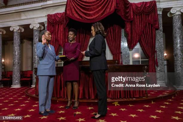 Sen. Laphonza Butler is sworn in by Vice President Kamala Harris in the Old Senate Chamber at the U.S. Capitol on October 3, 2023. Butler was...