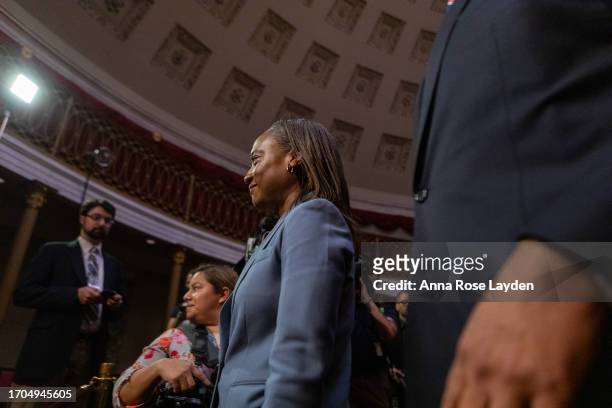 Sen. Laphonza Butler departs the Old Senate Chamber following her ceremonial swearing-in at the U.S. Capitol on October 3, 2023. Butler was appointed...