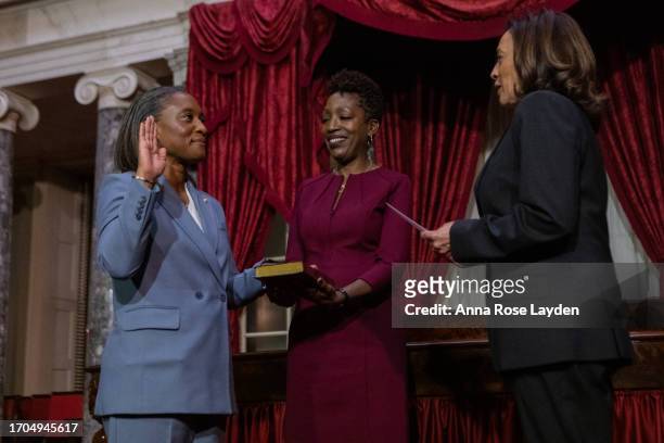 Sen. Laphonza Butler is sworn in by Vice President Kamala Harris in the Old Senate Chamber at the U.S. Capitol on October 3, 2023. Butler was...
