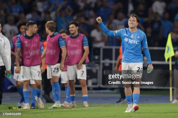 Piotr Zielinski of SSC Napoli celebrates 2-2 during the UEFA Champions League match between Napoli v Real Madrid at the Stadio Diego Armando Maradona...