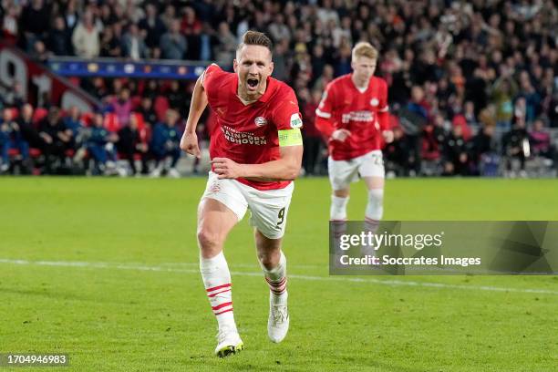 Luuk de Jong of PSV celebrates 1-1 during the UEFA Champions League match between PSV v Sevilla at the Philips Stadium on October 3, 2023 in...