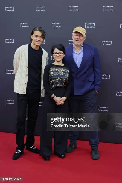Marven Gabriel Suarez-Brinkert, Ayse Polat and Axel Milberg attend the "Tatort Borowski und das unschuldige Kind von Wacken" premiere during the...